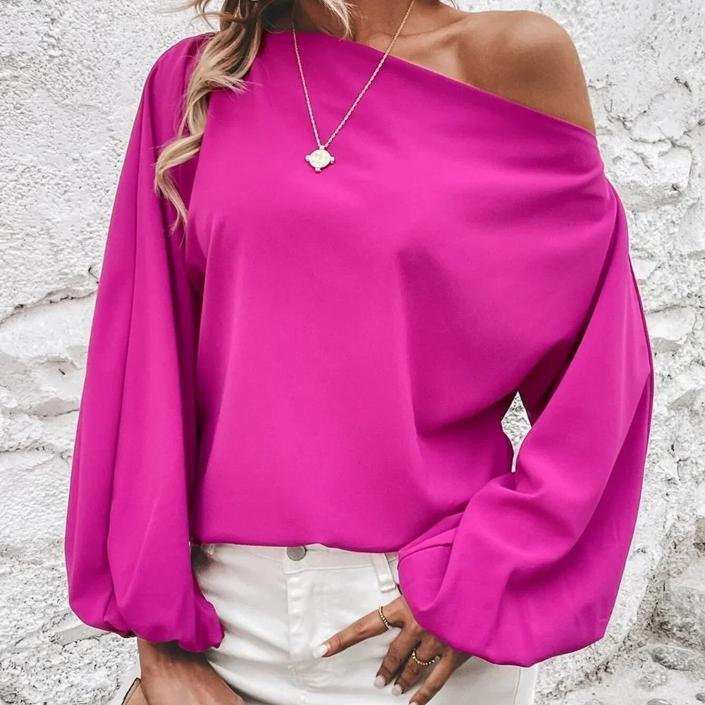 Hot Pink  Asymmetrical Neck Lantern Sleeve Blouse_2